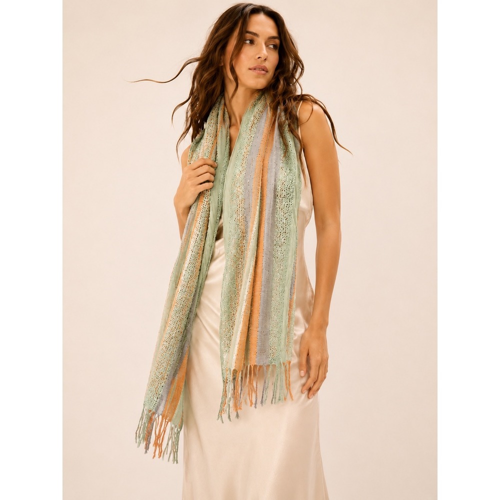 Anthropologie Scarf Women OS Green Orange Blue Excellent Boho Sequin Fringe